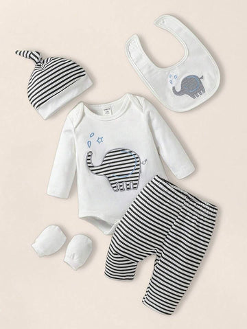Buy SHEIN Newborn Baby Boy Cartoon Embroidery Bodysuit & Striped Pants in Pakistan