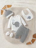 Buy SHEIN Newborn Baby Boy Cartoon Embroidery Bodysuit & Striped Pants in Pakistan