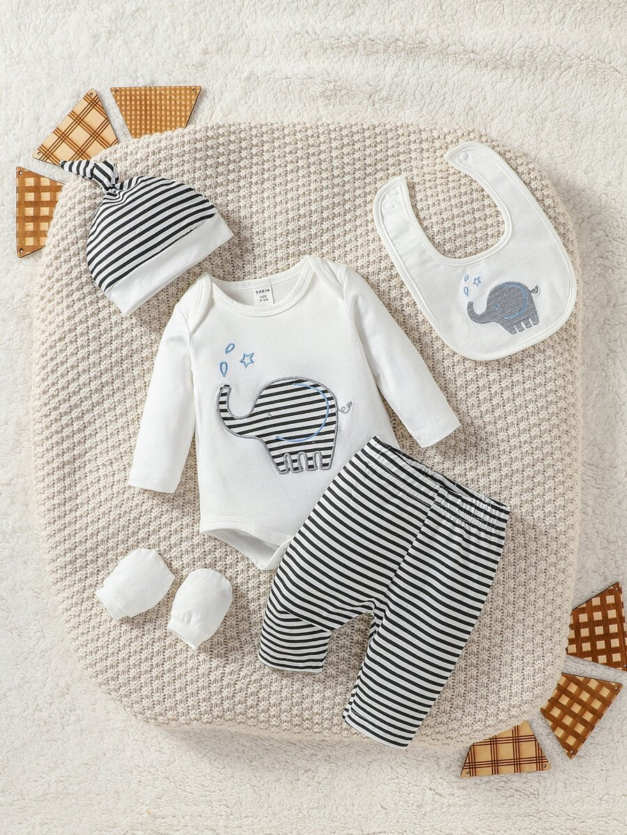 Buy SHEIN Newborn Baby Boy Cartoon Embroidery Bodysuit & Striped Pants in Pakistan