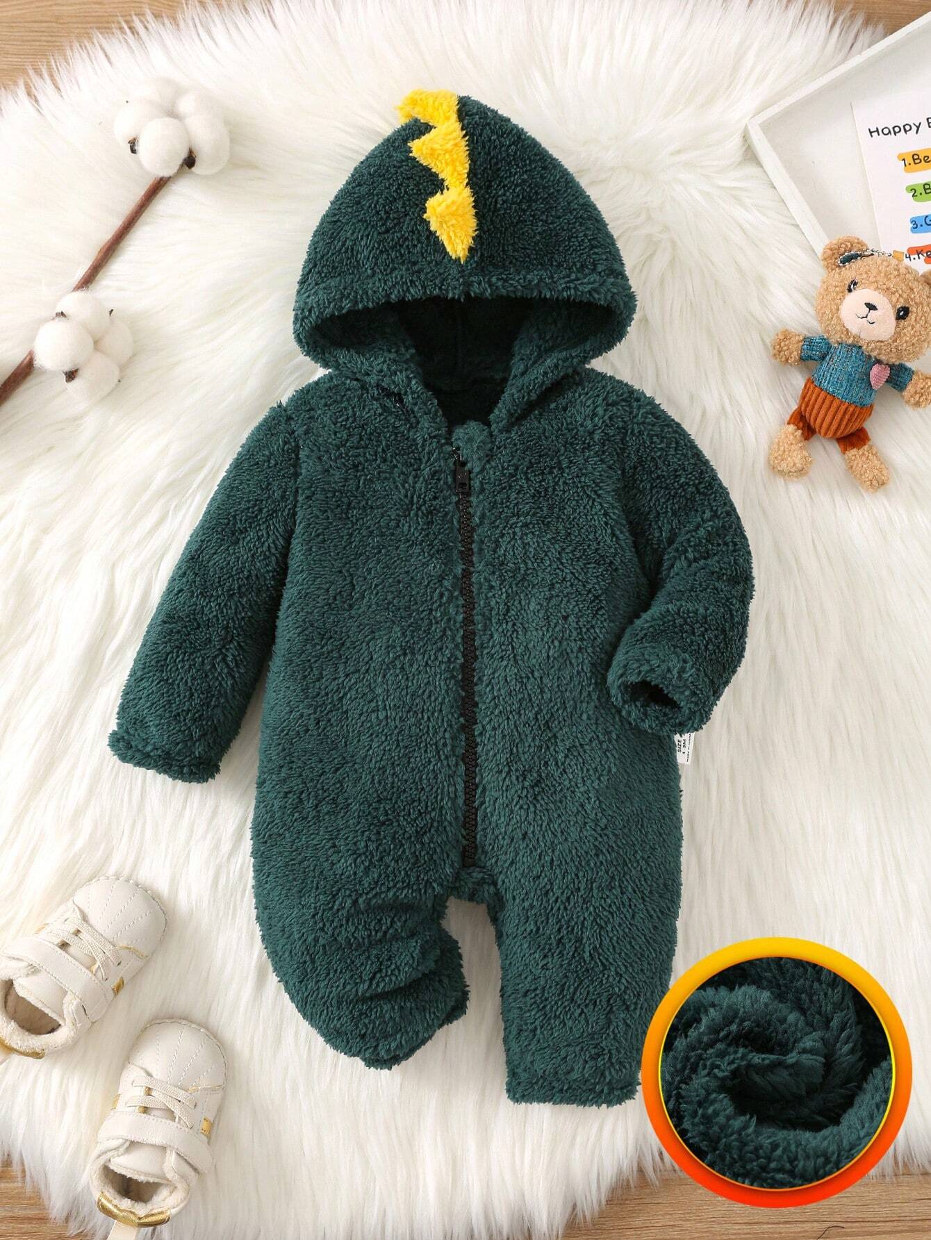 Buy SHEIN Newborn Baby Boys Autumn Winter Hooded Horn Shaped Zipper Front Long Sleeve Fleece Romper in Pakistan