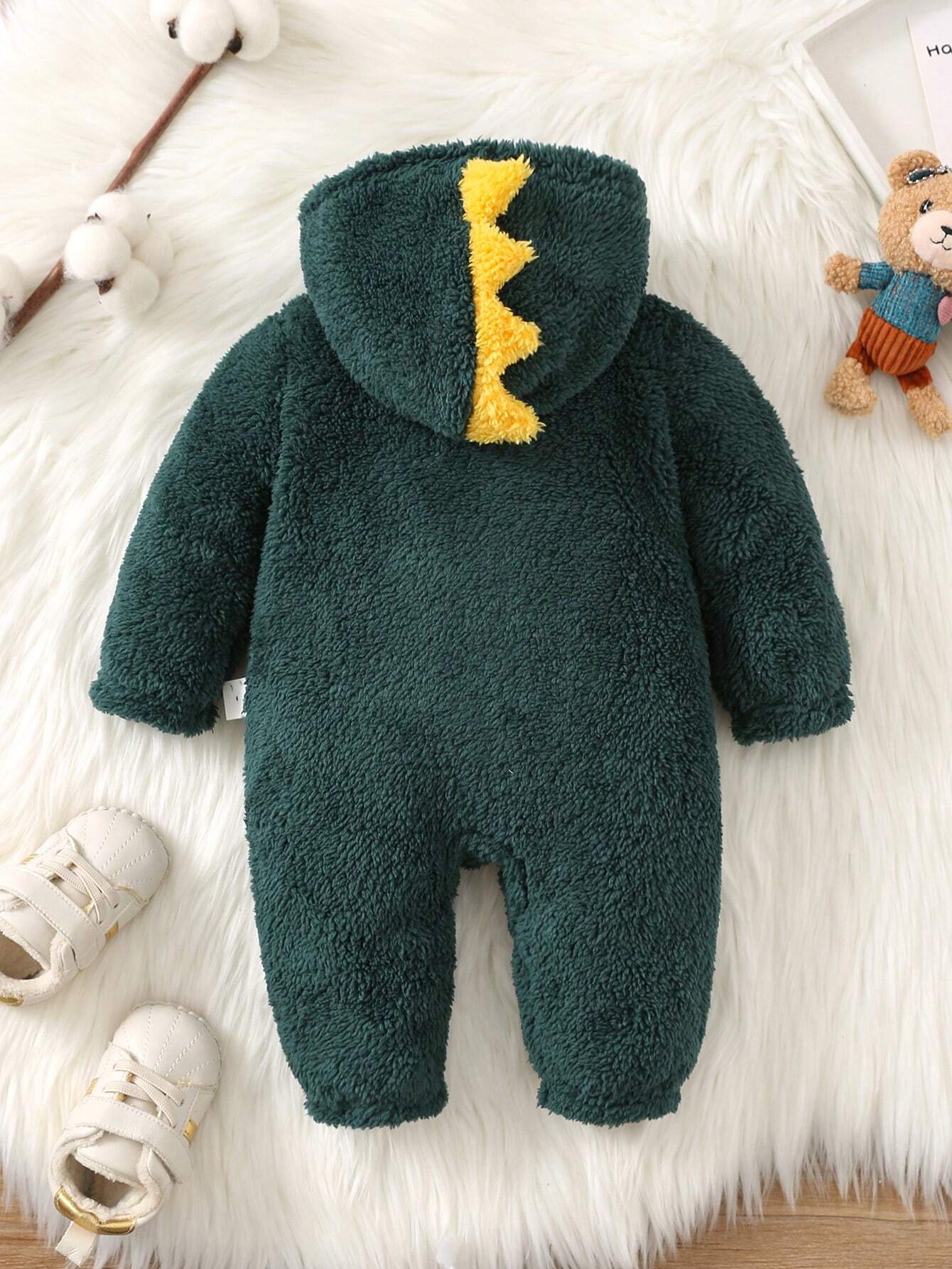Buy SHEIN Newborn Baby Boys Autumn Winter Hooded Horn Shaped Zipper Front Long Sleeve Fleece Romper in Pakistan