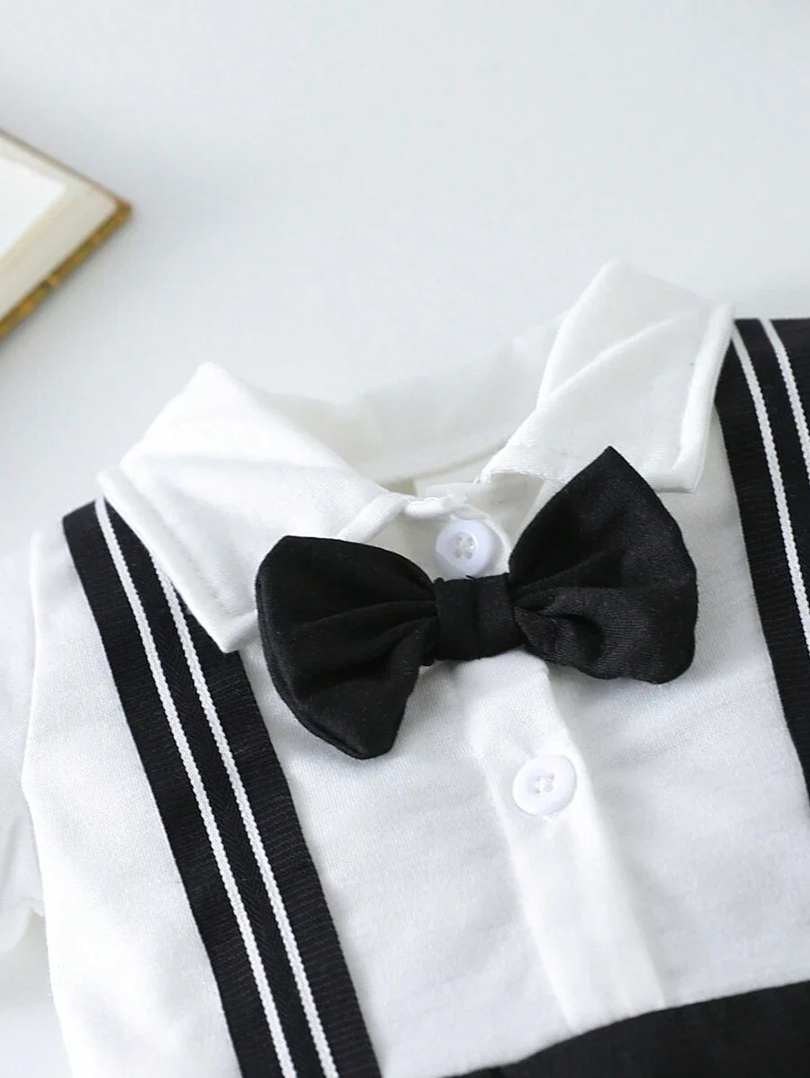 Buy SHEIN Newborn Baby Boys Romper, Collared Front-Open 2 In 1 Design, Fashionable And Elegant, Bowknot Accent, Gentlemanly Style, Sophisticated And Handsome, Minimalist Design, Suitable For Daily Wear And Photography, All Season, Infant Baby Boys Clothes in Pakistan