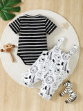 Buy SHEIN Newborn Baby Boys' Striped Knit Comfortable Romper And Cute Animal Printed Dungaree Set For Summer in Pakistan