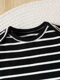 Buy SHEIN Newborn Baby Boys' Striped Knit Comfortable Romper And Cute Animal Printed Dungaree Set For Summer in Pakistan
