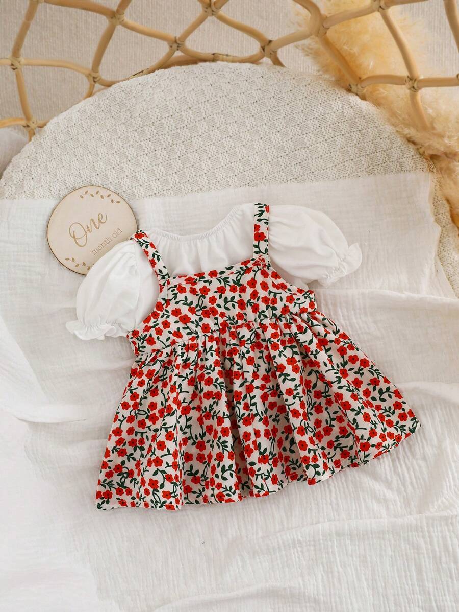 Buy SHEIN Newborn Baby Girl Cute Sweet Ruffle Sleeve Solid Color Top & Floral Suspender Skirt 2pcs Set, Suitable For Summer in Pakistan