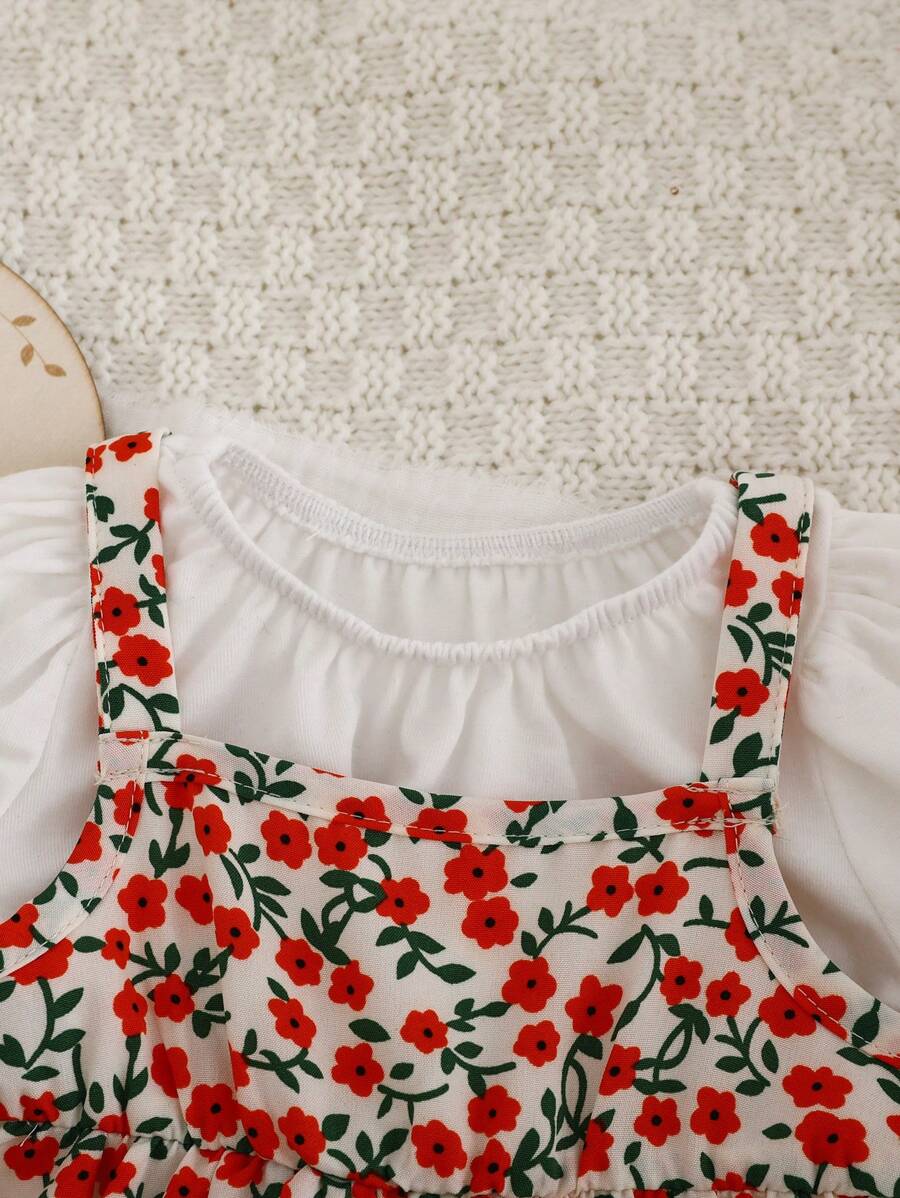 Buy SHEIN Newborn Baby Girl Cute Sweet Ruffle Sleeve Solid Color Top & Floral Suspender Skirt 2pcs Set, Suitable For Summer in Pakistan
