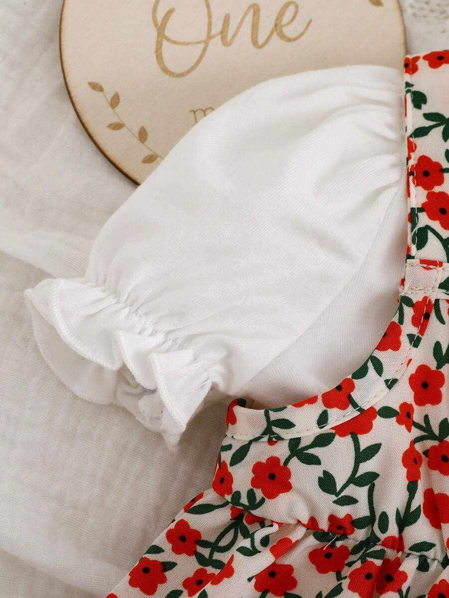 Buy SHEIN Newborn Baby Girl Cute Sweet Ruffle Sleeve Solid Color Top & Floral Suspender Skirt 2pcs Set, Suitable For Summer in Pakistan