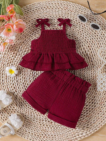 Buy SHEIN Newborn Baby Girl Shirred Ruffled Hem Cami Top And Shorts Set in Pakistan