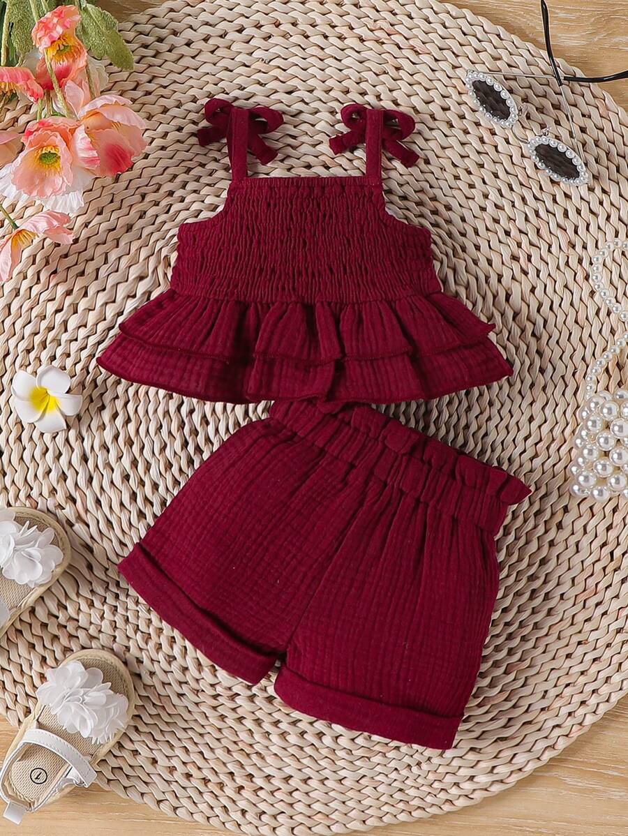 Buy SHEIN Newborn Baby Girl Shirred Ruffled Hem Cami Top And Shorts Set in Pakistan
