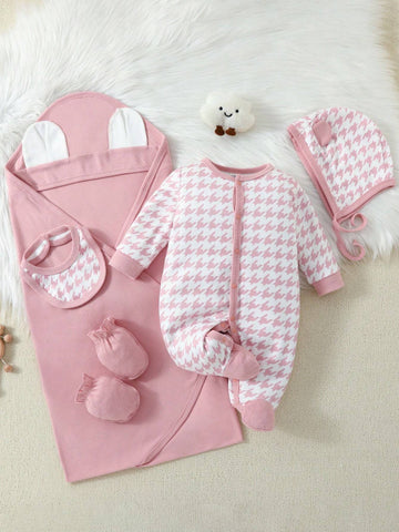 Buy SHEIN Newborn Baby Girls' Pink Gingham Print 3d Shaped Hat, Towel, Footed Jumpsuit, And Bodysuit Set With Gift Box in Pakistan