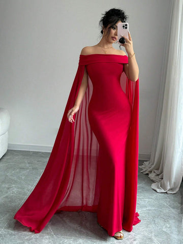 Buy SHEIN Privé Christmas Red Elegant Sexy Off Shoulder Cinched Waist Mermaid Dress in Pakistan