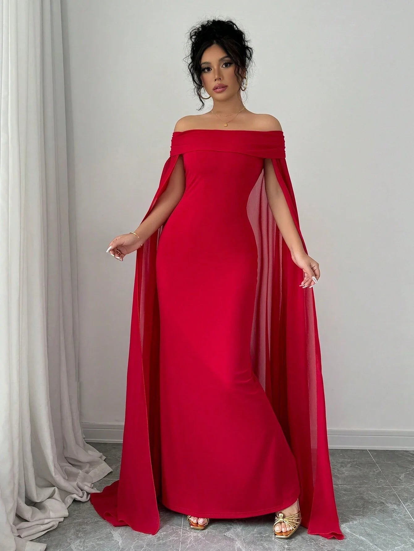 Buy SHEIN Privé Christmas Red Elegant Sexy Off Shoulder Cinched Waist Mermaid Dress in Pakistan