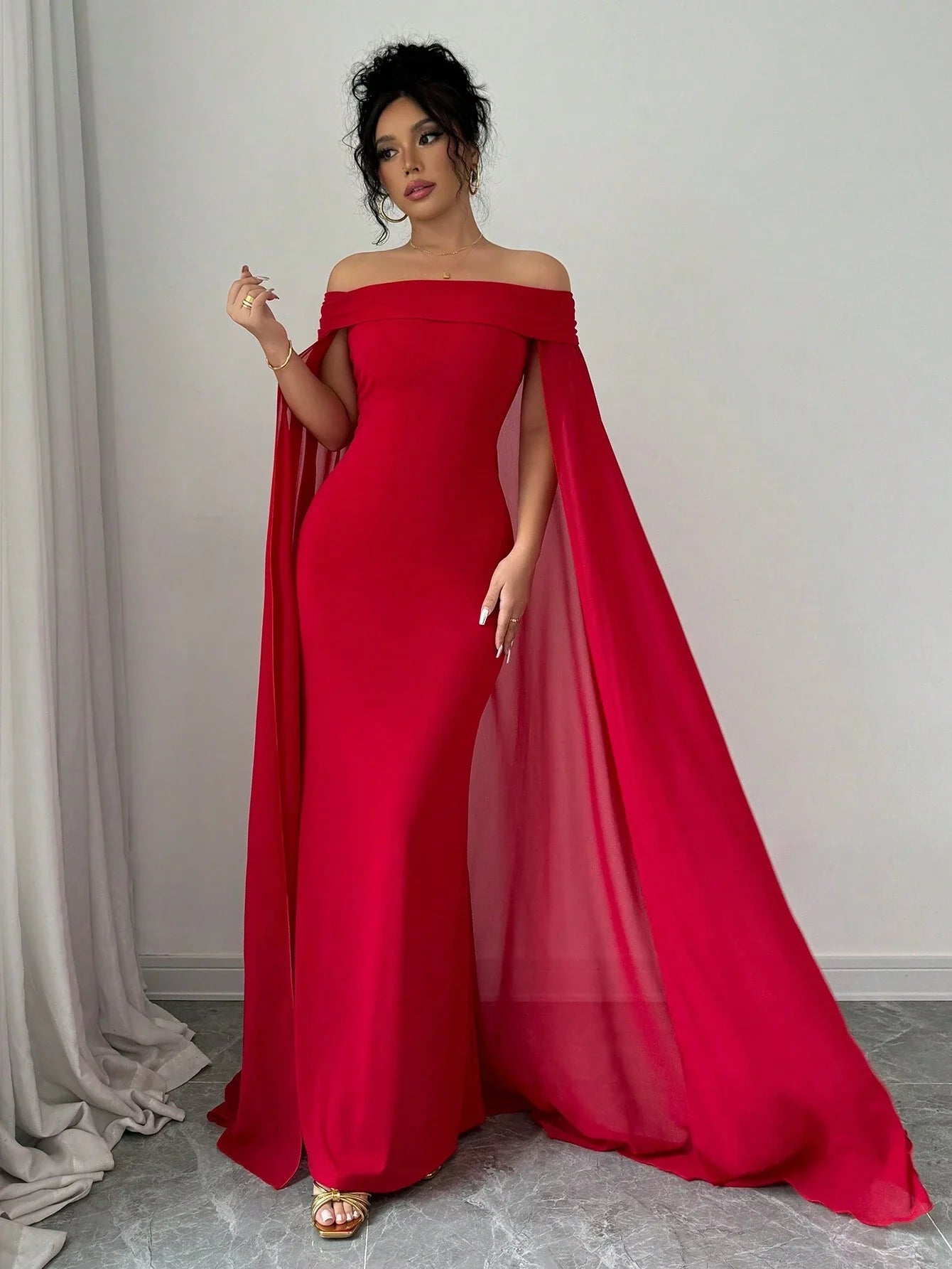 Buy SHEIN Privé Christmas Red Elegant Sexy Off Shoulder Cinched Waist Mermaid Dress in Pakistan
