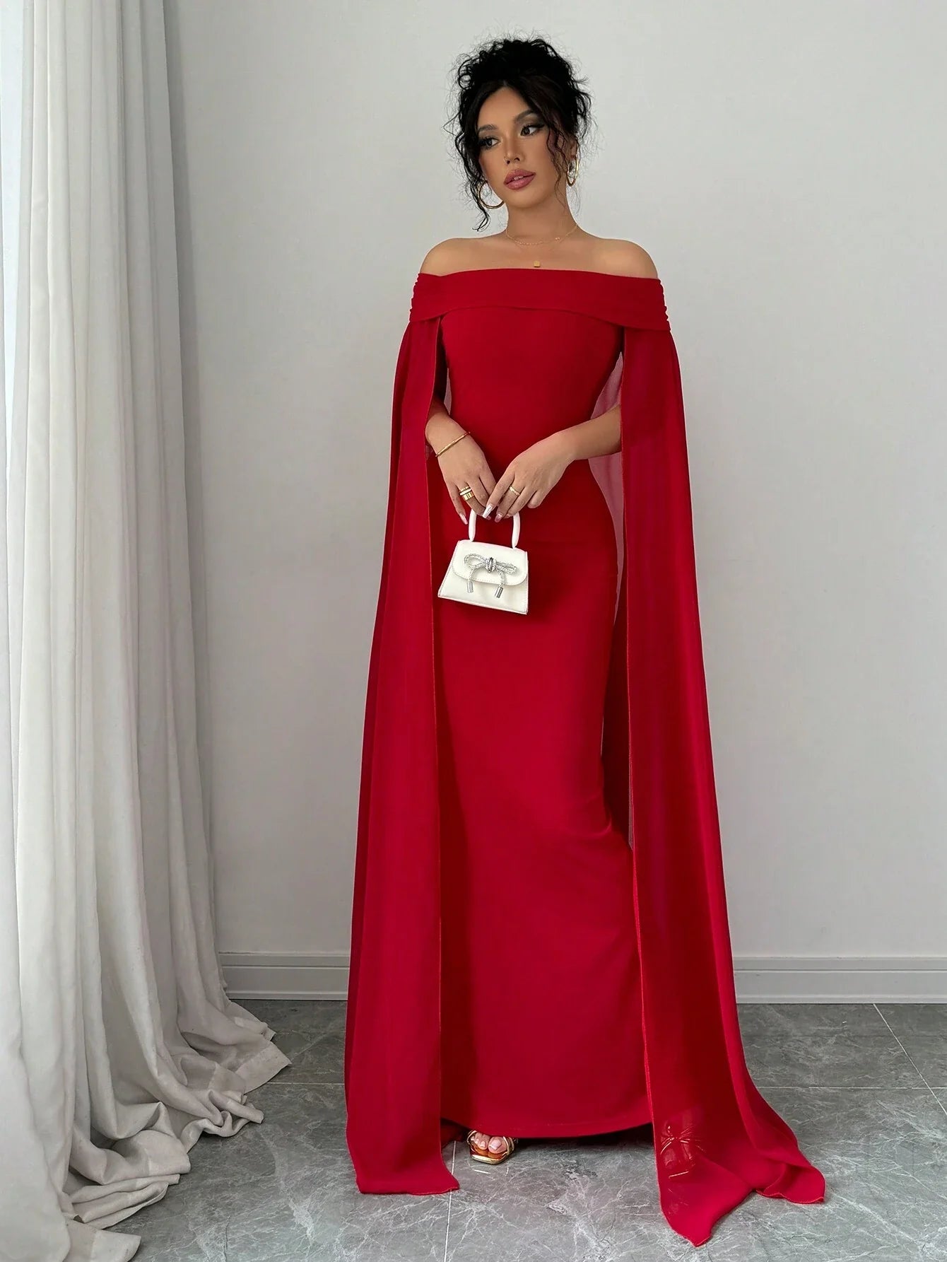 Buy SHEIN Privé Christmas Red Elegant Sexy Off Shoulder Cinched Waist Mermaid Dress in Pakistan