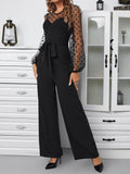 Buy SHEIN Privé Contrast Dobby Mesh Lantern Sleeve Belted Jumpsuit in Pakistan