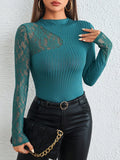 Buy SHEIN Priv̩ Contrast Lace Mock Neck Tee in Pakistan