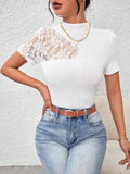 Buy SHEIN Privé Contrast Lace Mock Neck White Tee in Pakistan