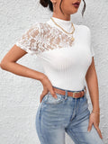 Buy SHEIN Privé Contrast Lace Mock Neck White Tee in Pakistan