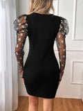 Buy SHEIN Priv̩ Contrast Mesh Gigot Sleeve Bodycon Dress in Pakistan