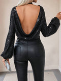Buy SHEIN Privé Draped Backless Lantern Sleeve Sequin Blouse in Pakistan