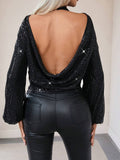 Buy SHEIN Privé Draped Backless Lantern Sleeve Sequin Blouse in Pakistan