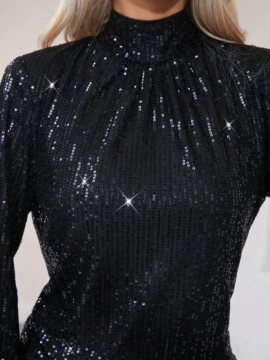 Buy SHEIN Privé Draped Backless Lantern Sleeve Sequin Blouse in Pakistan
