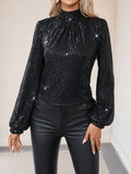 Buy SHEIN Privé Draped Backless Lantern Sleeve Sequin Blouse in Pakistan