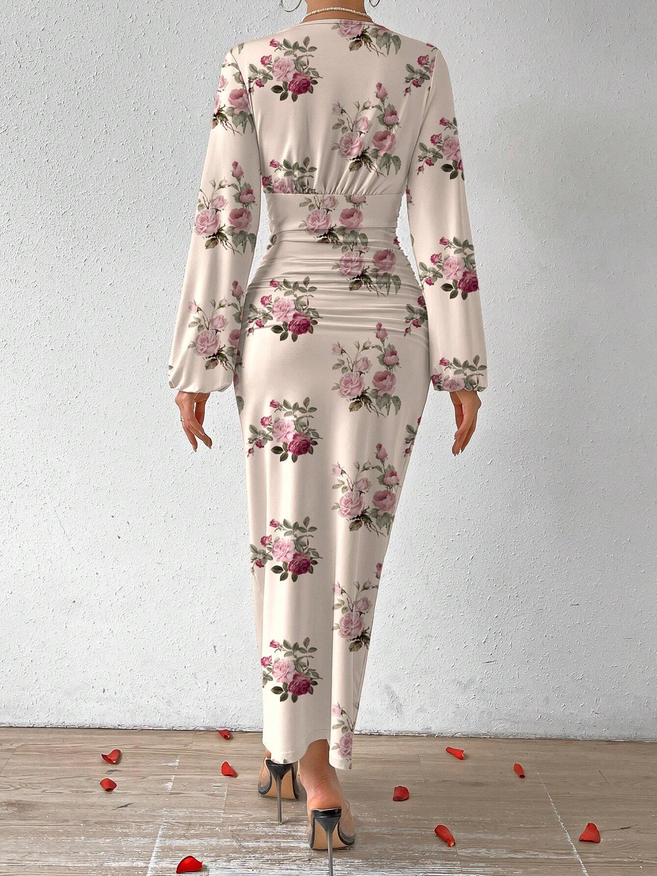 Buy SHEIN Privé Elegant Women Party V-Neck Floral Print Ruched Puff Sleeve Dress in Pakistan