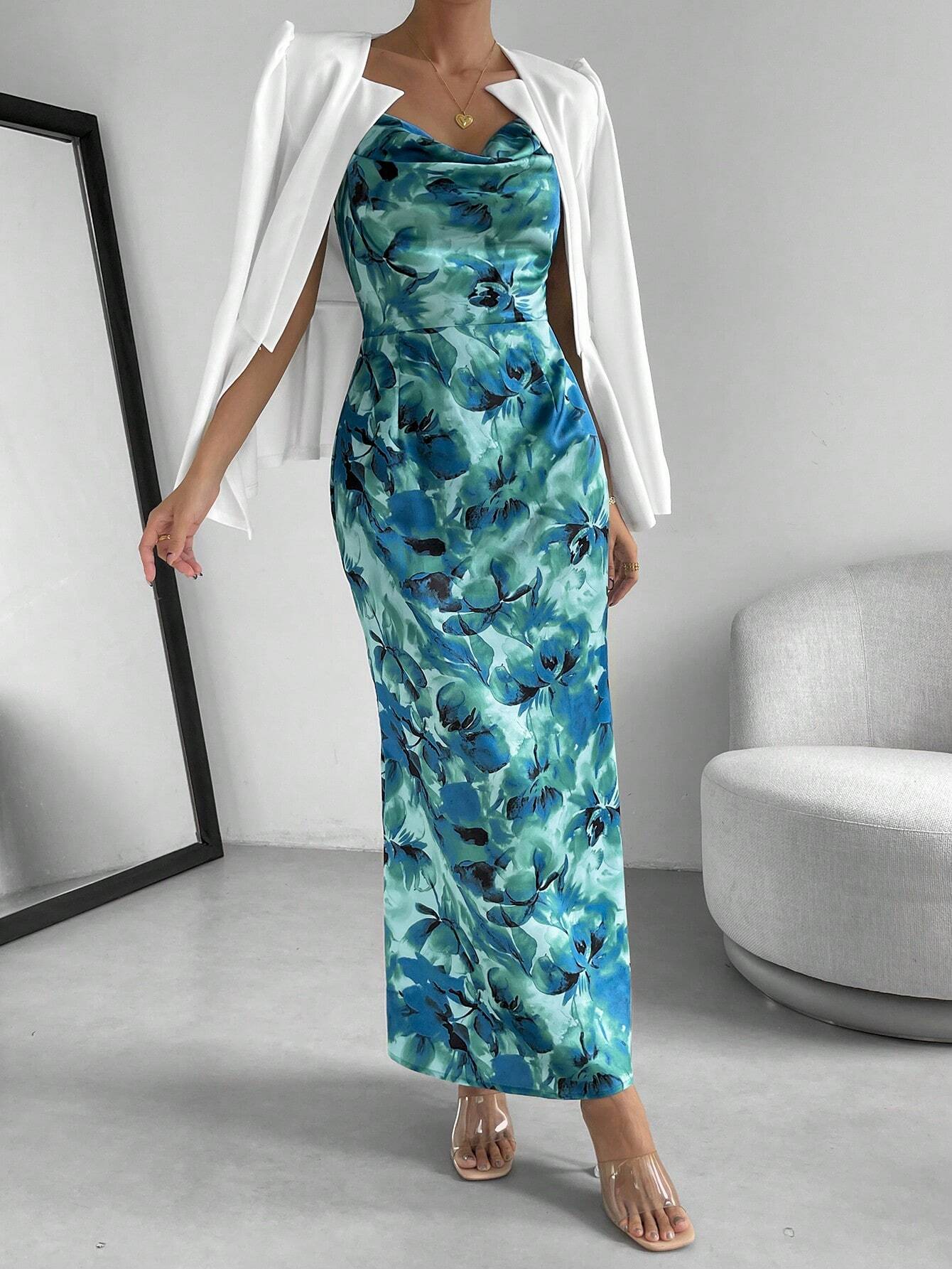 Buy SHEIN Priv̩ Floral Print Draped Collar Cami Dress in Pakistan