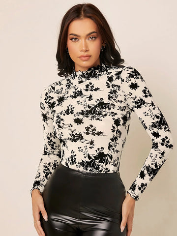 Buy SHEIN Privé Floral Print Mock Neck Mesh Top in Pakistan