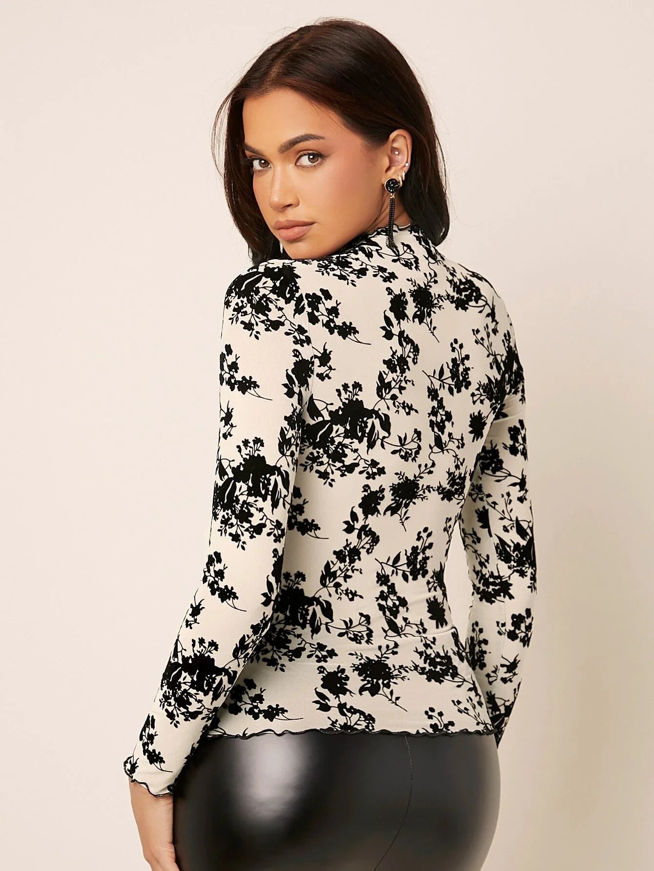 Buy SHEIN Privé Floral Print Mock Neck Mesh Top in Pakistan