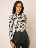 Buy SHEIN Privé Floral Print Mock Neck Mesh Top in Pakistan