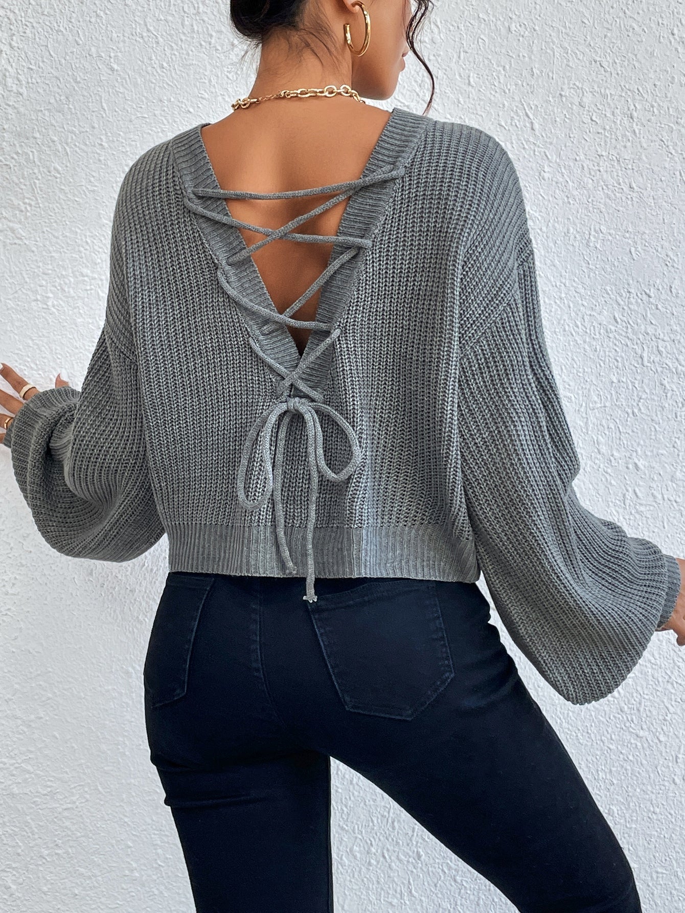 Buy SHEIN Privé Lace Up Front Drop Shoulder Sweater in Pakistan