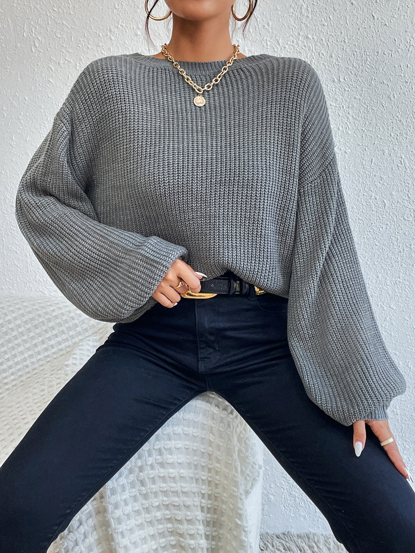 Buy SHEIN Privé Lace Up Front Drop Shoulder Sweater in Pakistan