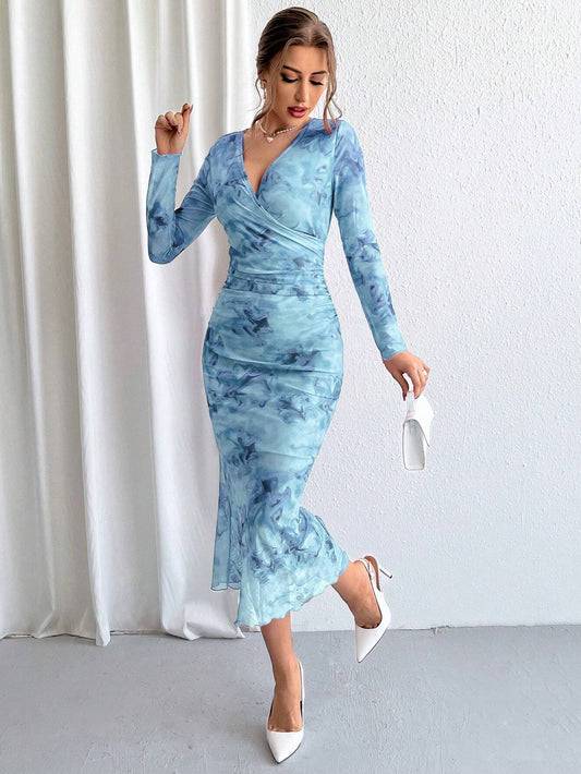Buy SHEIN Priv̩ Ladies' Tie-Dye Mesh Wrap Neck Long Sleeve Dress in Pakistan