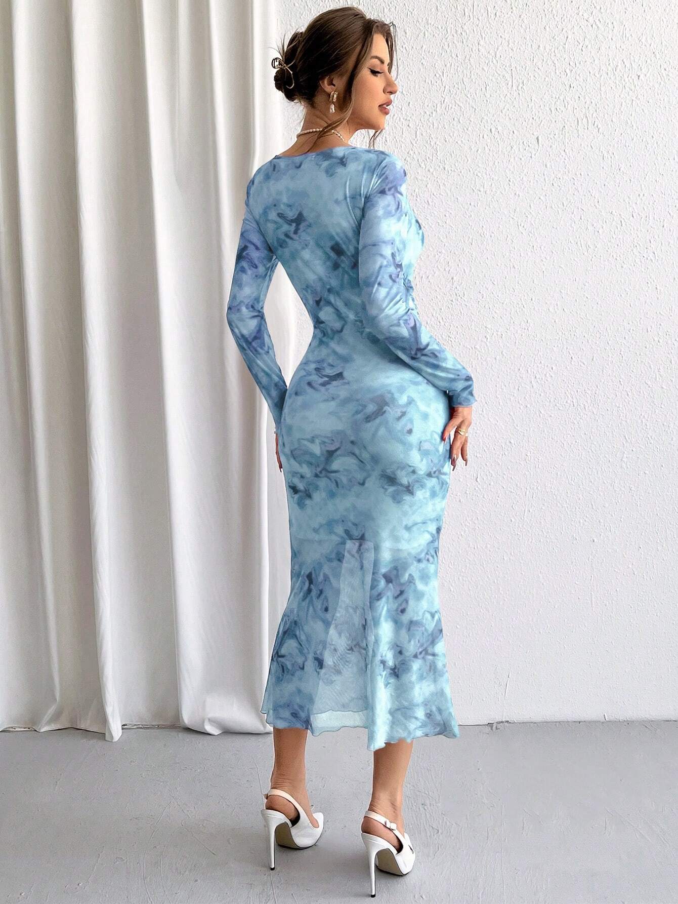 Buy SHEIN Priv̩ Ladies' Tie-Dye Mesh Wrap Neck Long Sleeve Dress in Pakistan