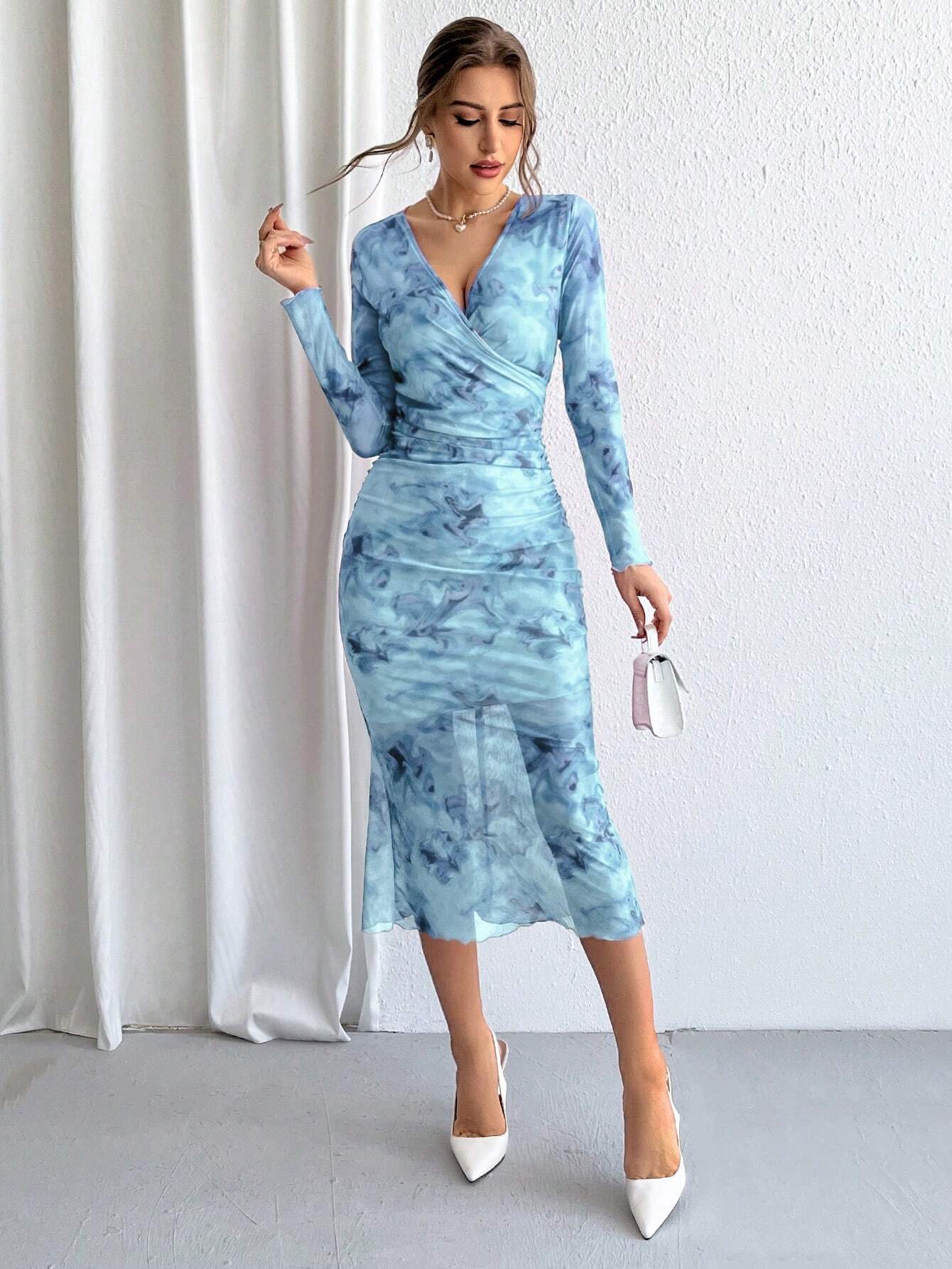 Buy SHEIN Priv̩ Ladies' Tie-Dye Mesh Wrap Neck Long Sleeve Dress in Pakistan