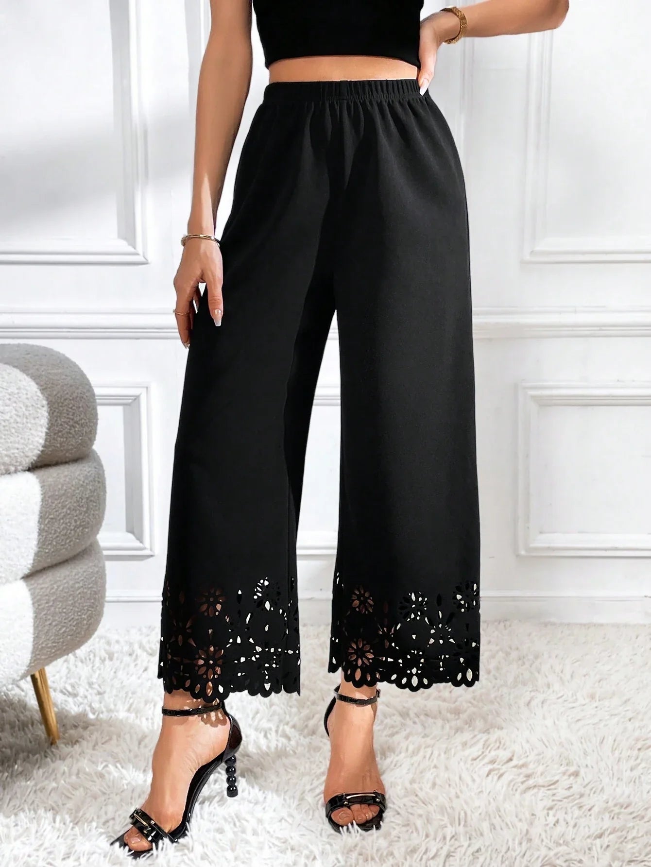 Buy SHEIN Privé Laser Cut Out Wide Leg Pants in Pakistan