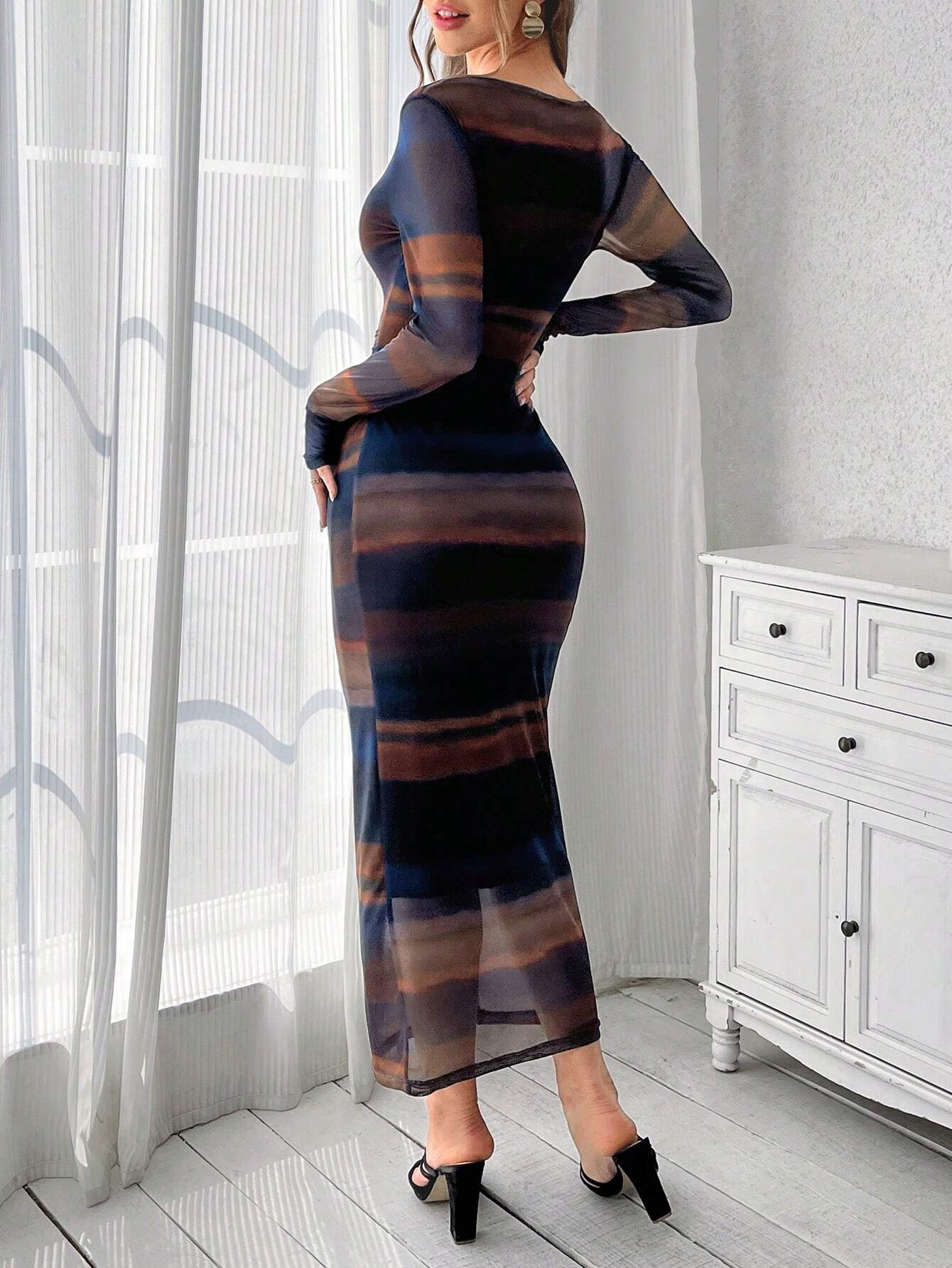 Buy SHEIN Priv̩ Mesh Gradient Print Pleated Bodycon Dress in Pakistan