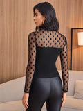 Buy SHEIN Privé Mock-Neck Sheer Dobby Mesh Yoke Fitted Black Top in Pakistan