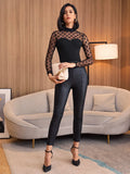 Buy SHEIN Privé Mock-Neck Sheer Dobby Mesh Yoke Fitted Black Top in Pakistan