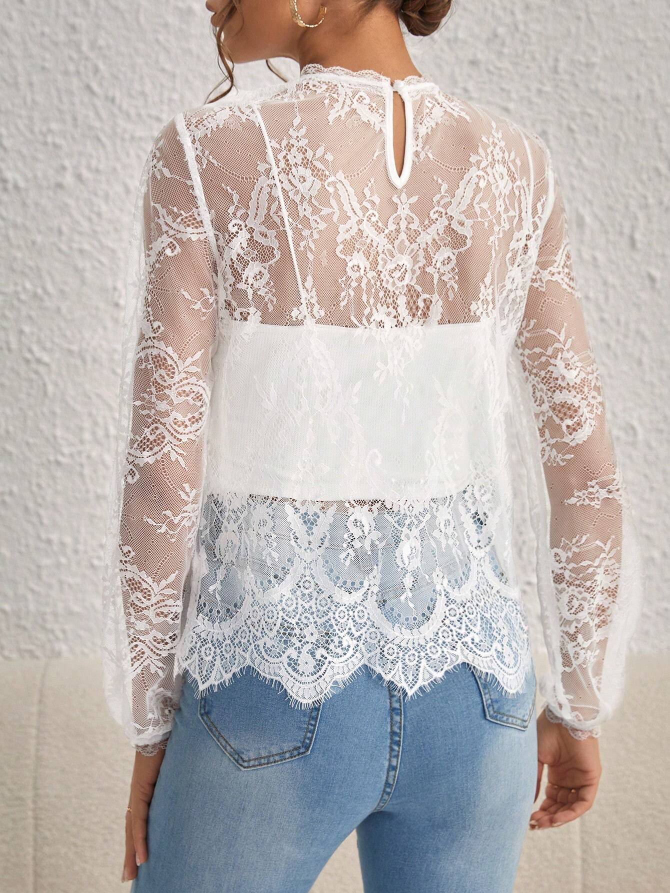 Buy SHEIN Privé Mock Neck Lantern Sleeve Eyelash Lace Blouse Without Cami Top in Pakistan