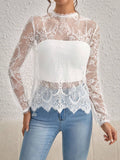 Buy SHEIN Privé Mock Neck Lantern Sleeve Eyelash Lace Blouse Without Cami Top in Pakistan