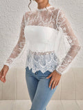 Buy SHEIN Privé Mock Neck Lantern Sleeve Eyelash Lace Blouse Without Cami Top in Pakistan