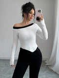 Buy SHEIN Privé New Black & White Color Block Asymmetrical Neck Fitted Pullover Sweater in Pakistan