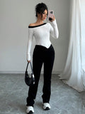 Buy SHEIN Privé New Black & White Color Block Asymmetrical Neck Fitted Pullover Sweater in Pakistan