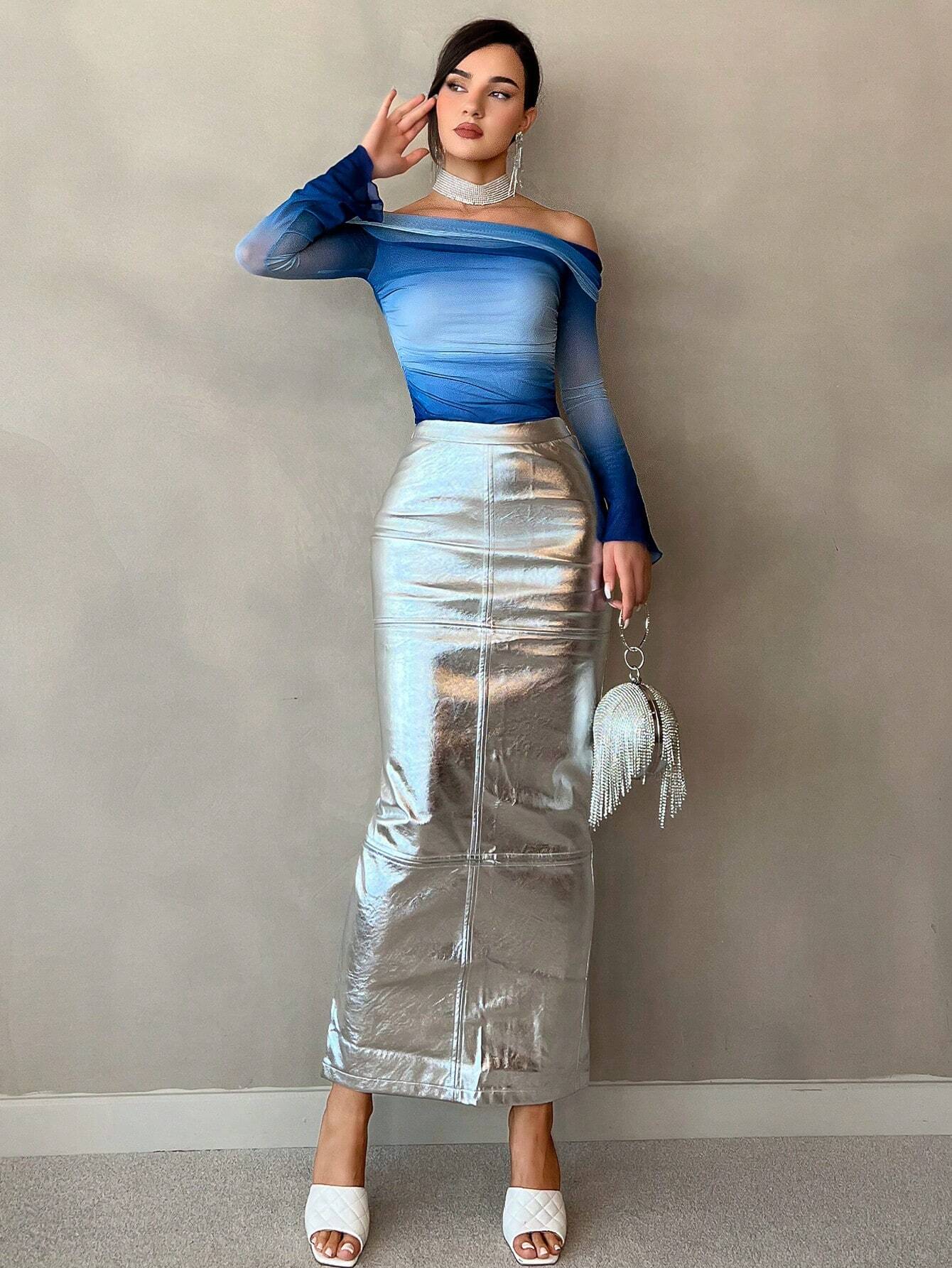 Buy SHEIN Privé Off Shoulder Ombre Print Ruched Side Tee in Pakistan