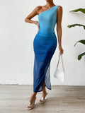 Buy SHEIN Priv̩ Ombre One Shoulder Ruched Side Split Thigh Mesh Overlay Dress in Pakistan