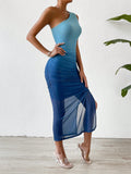 Buy SHEIN Priv̩ Ombre One Shoulder Ruched Side Split Thigh Mesh Overlay Dress in Pakistan