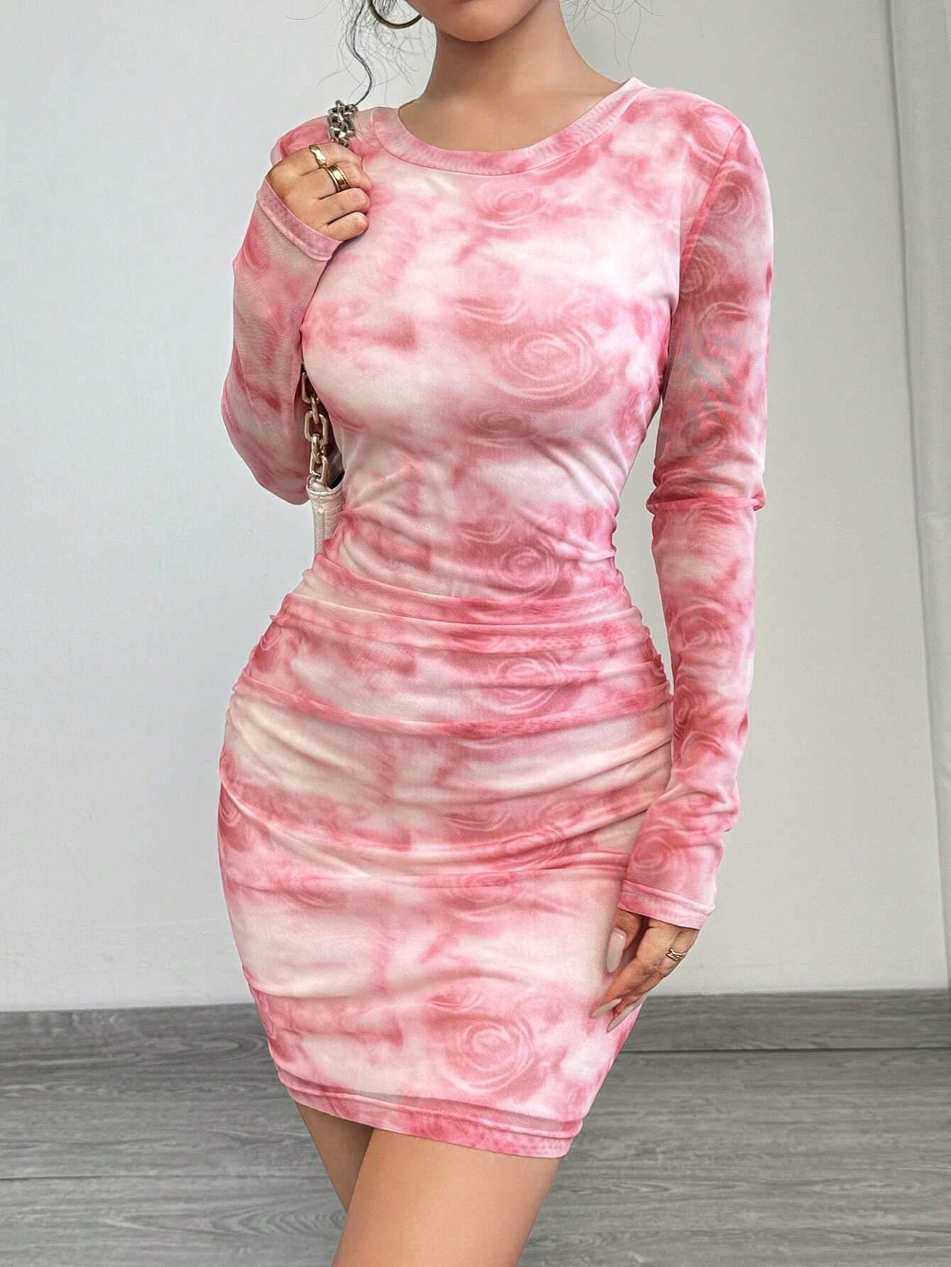 Buy SHEIN Privé Pink Rose Decor Ruffled Mesh Midi Dress in Pakistan